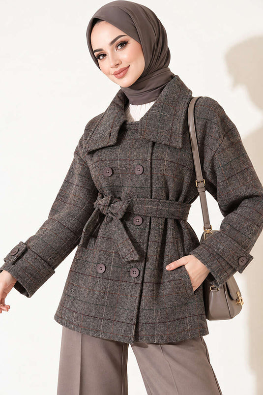Manteau Court En Laine À Carreaux Gris Fumé