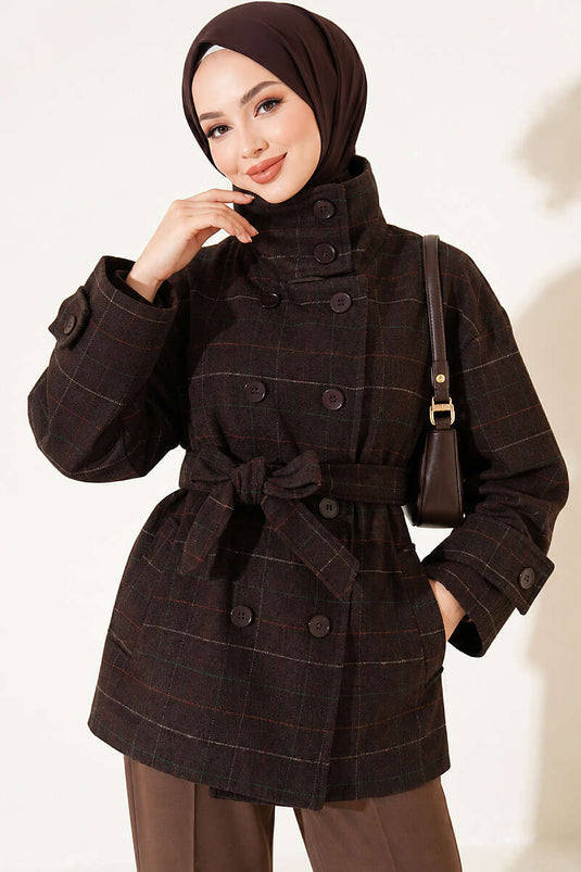 Plaid Short Wool Coat In Brown
