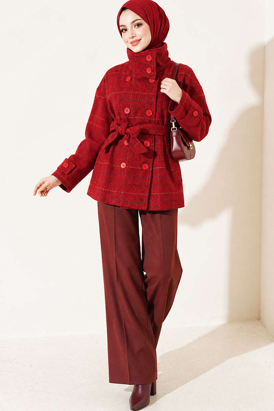 Red Plaid Short Wool Coat