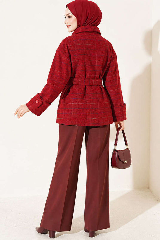 Red Plaid Short Wool Coat