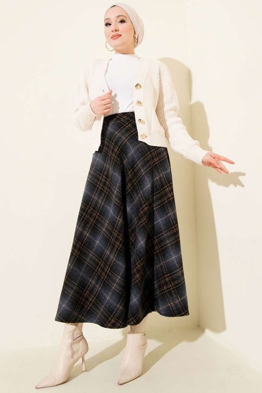 Ekose Desenli Kloş Kaşe Etek Gece Mavisi