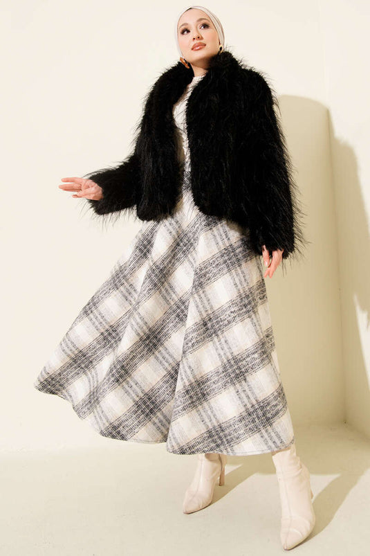 Gonna a campana in tessuto kašè con motivo Ekose grigia