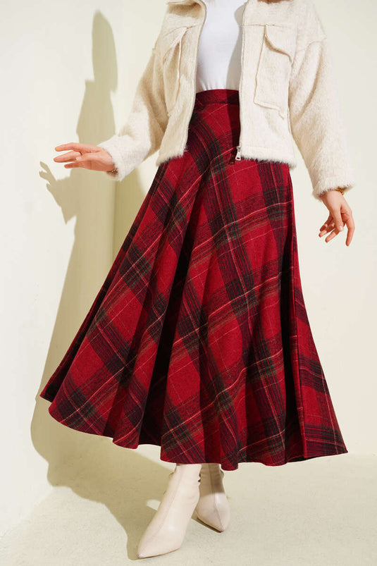 Plaid Patterned Flared Cashmere Skirt Red