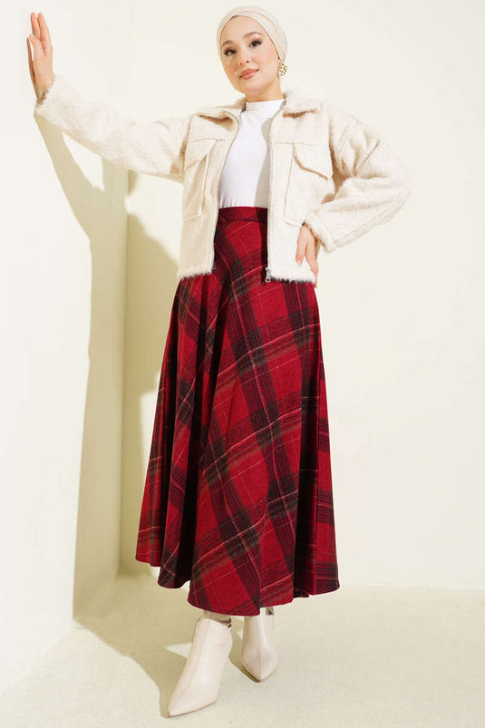 Plaid Patterned Flared Cashmere Skirt Red