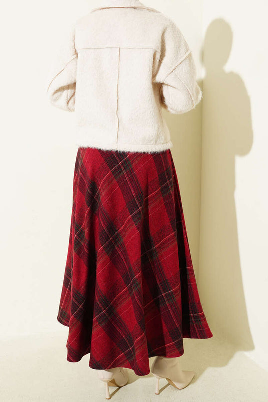 Plaid Patterned Flared Cashmere Skirt Red