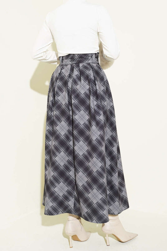 Ekose Desenli Kuşaklı Etek Füme