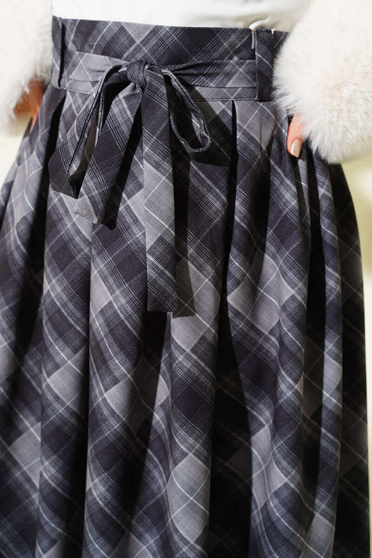 Ekose Desenli Kuşaklı Etek Füme