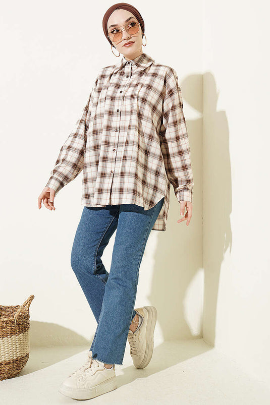 Beige Plaid Pattern Loose Shirt