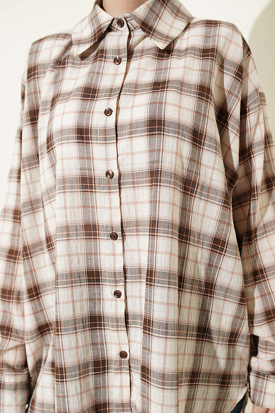 Beige Plaid Pattern Loose Shirt