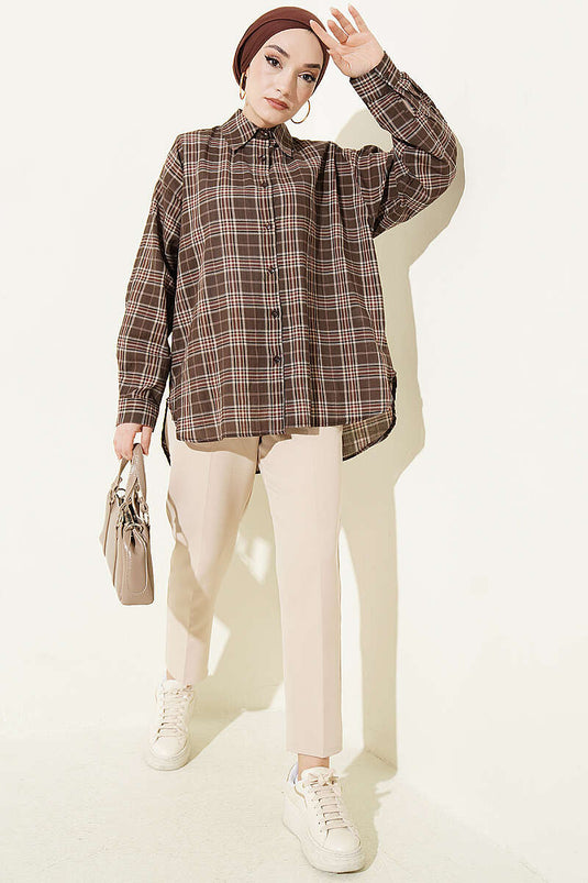 Karierte Oversize-Hemd in Braun