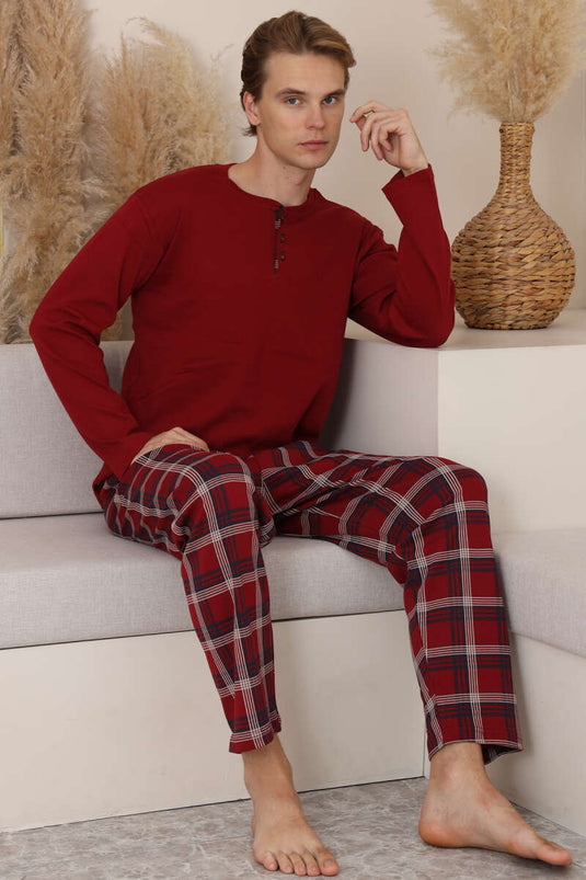 Pyjama homme à manches longues avec détails à carreaux, bordeaux