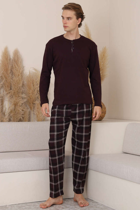 Ekose Detaylı Uzun Kol Erkek Pijama Takımı Burgonya