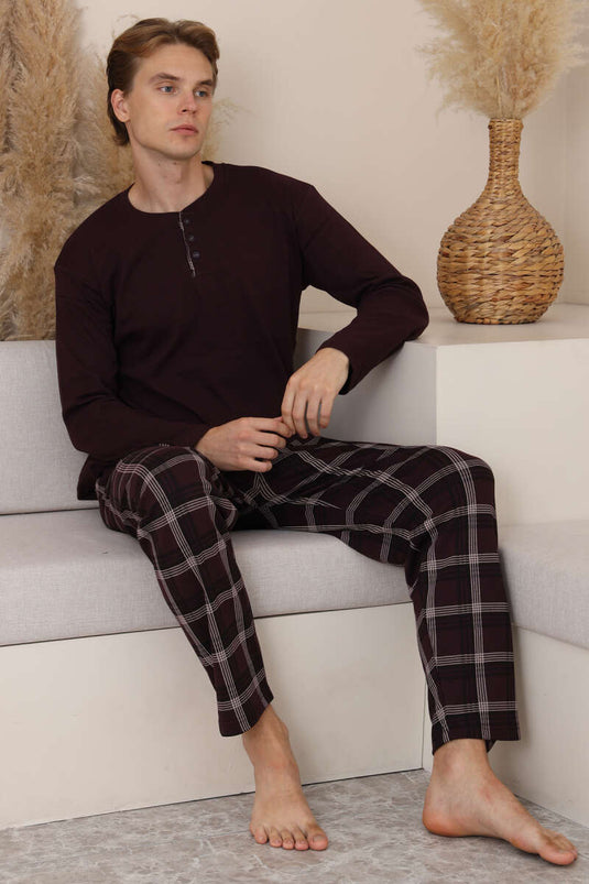Ekose Detaylı Uzun Kol Erkek Pijama Takımı Burgonya