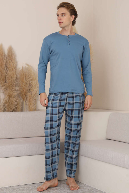 طقم بيجاما رجالي بأكمام طويلة مع تفاصيل إيكوز باللون الأزرق