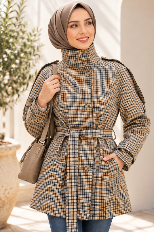 Trench-Coat À Carreaux À Col Long Et Ceinture En Café