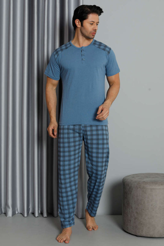 Ekose Garnierte Kurzarm Herren Pyjama-Set Indigo