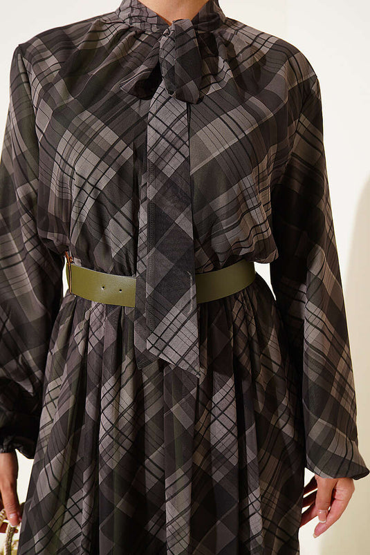 Ekose Kemerli Şifon Elbise Haki