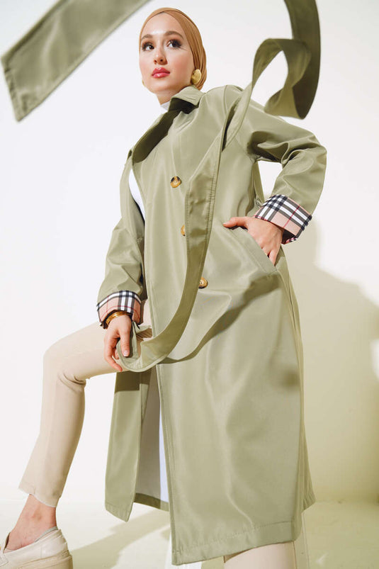 Ekose Checkered Trench Coat Sage Green