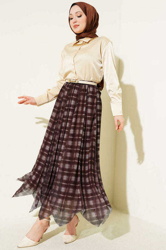 Ekoseli Asymmetric Flared Skirt Brown