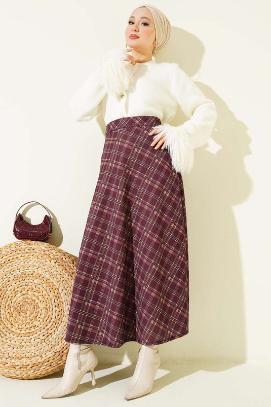 Ekoseli Beli Lastikli Kloş Etek Mürdüm