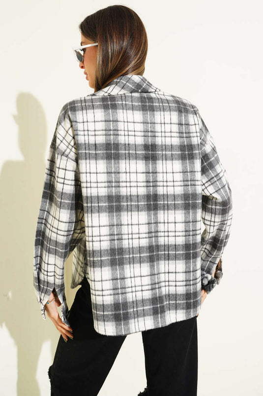 جاكيت كشمير رمادي بنقشة مربعات وجيوب