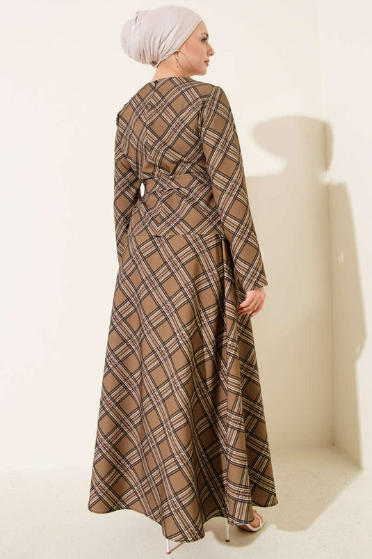 Set with Plaid Pattern Skirt and Blouse Latte