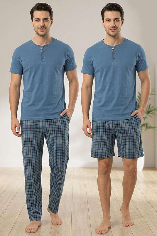 Ekoseli Men's 3-Piece Short Sleeve Pajama Set Blue