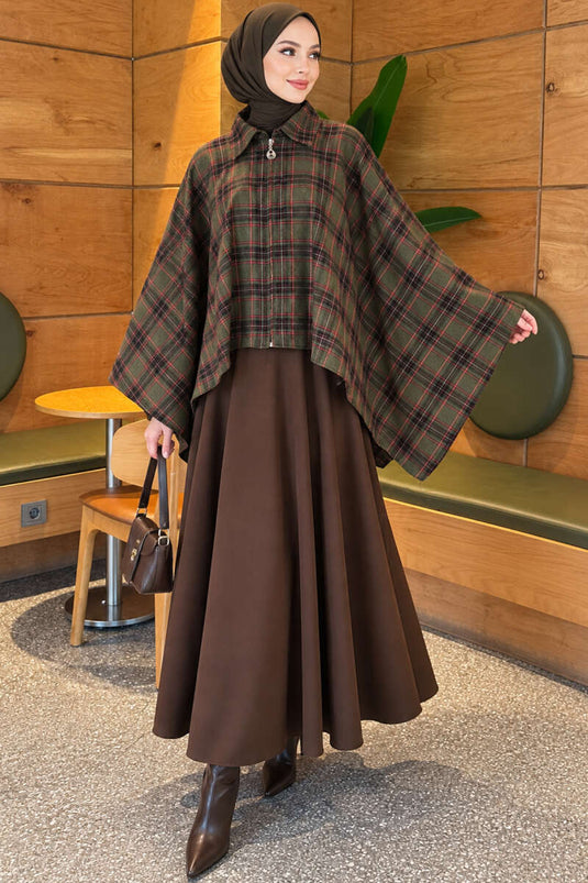 Houndstooth Zipper Detail Cape In Khaki