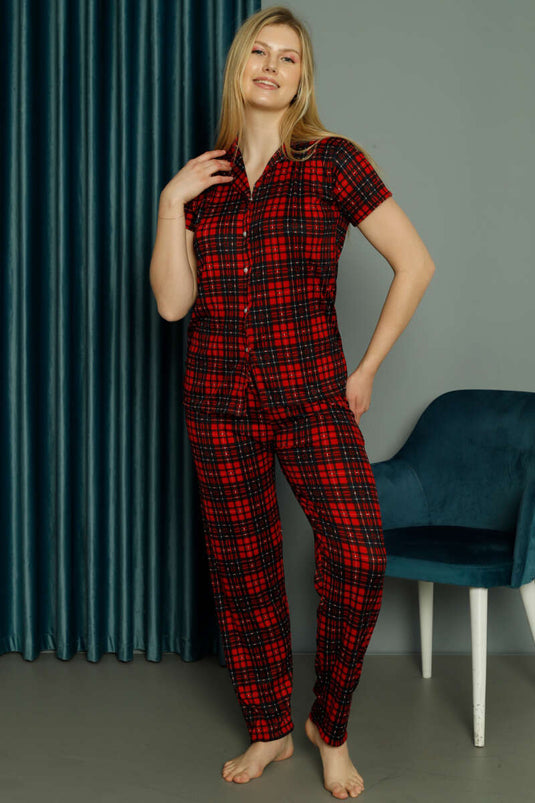 Plaid Shirt Collar Short Sleeve Pajama Set Red