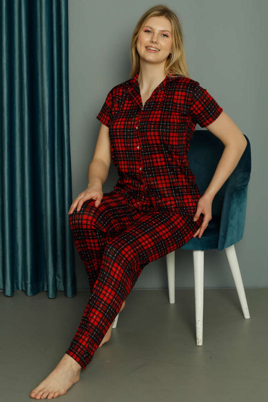 Plaid Shirt Collar Short Sleeve Pajama Set Red
