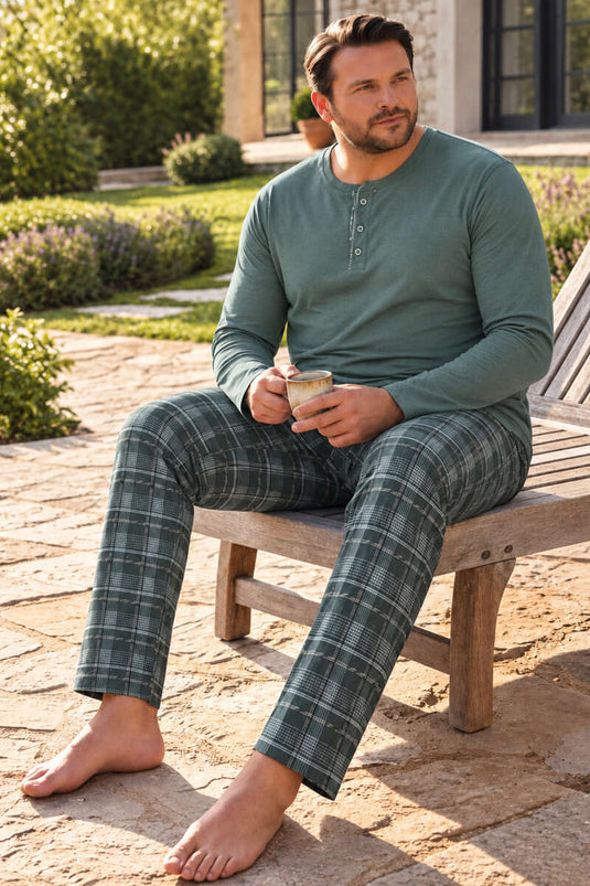 Grünes Kariertes Interlock Plus-Size Herren-Pyjama-Set