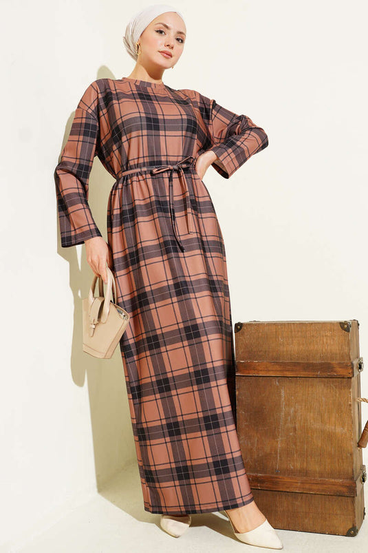 Ekoseli İp Kuşaklı Elbise Latte