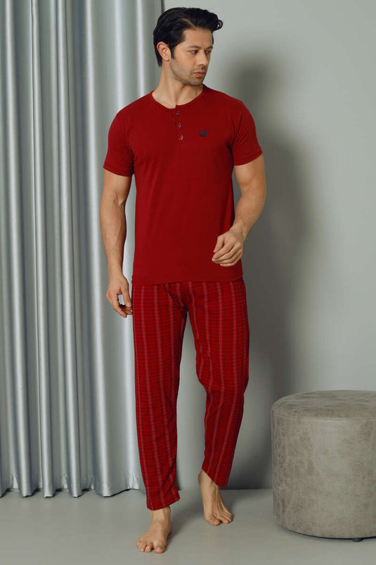 Ensemble pyjama à carreaux à manches courtes pour hommes Rouge Claret