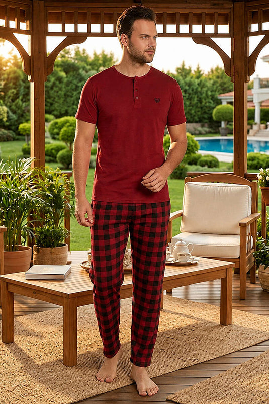 Ekoseli Kısa Kollu Erkek Pijama Takımı Bordo