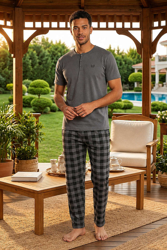 Ekoseli Kısa Kollu Erkek Pijama Takımı Füme