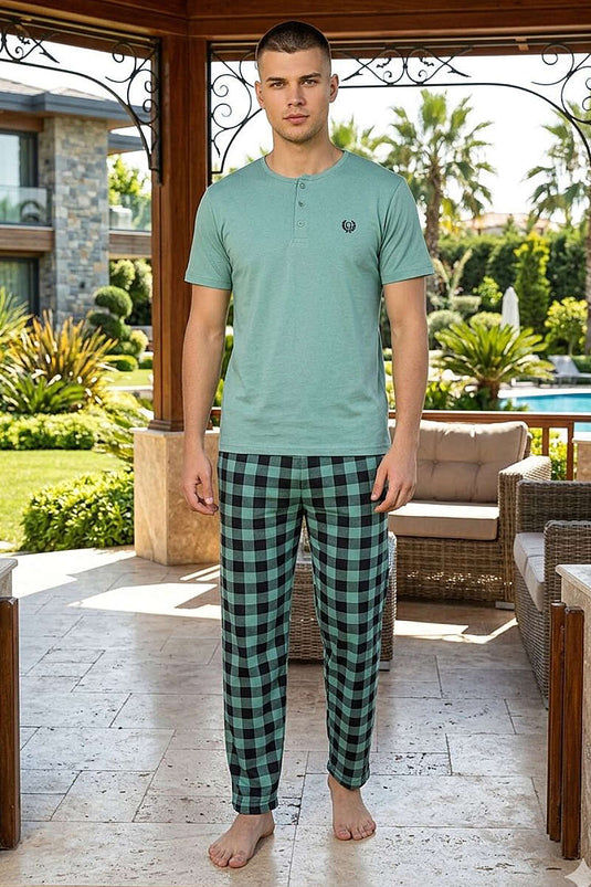 Ekoseli Kısa Kollu Erkek Pijama Takımı Mint
