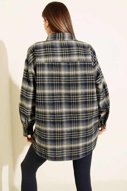 Plaid Oversize Shirt Navy Blue