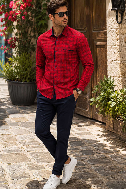 Ekoseli Slim Fit Erkek Gömlek Kırmızı