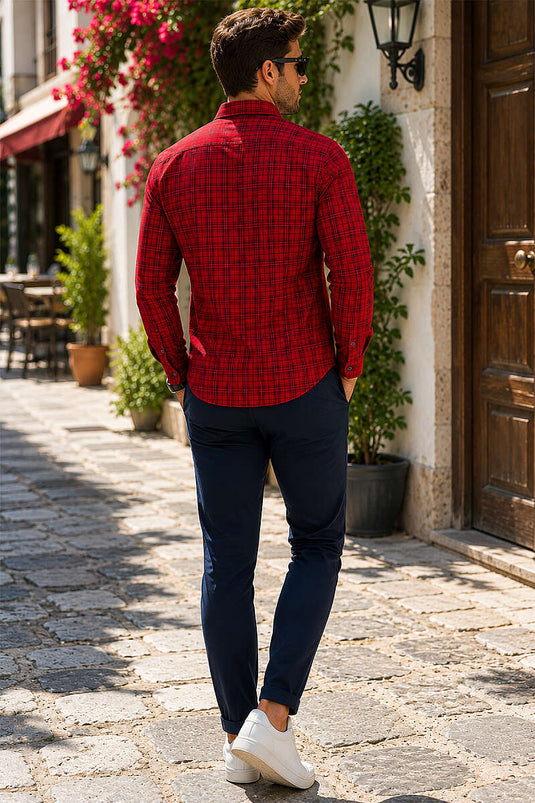 Ekoseli Slim Fit Erkek Gömlek Kırmızı