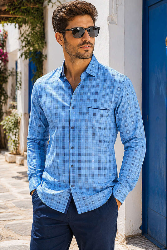 Ekoseli Slim Fit Erkek Gömlek Mavi