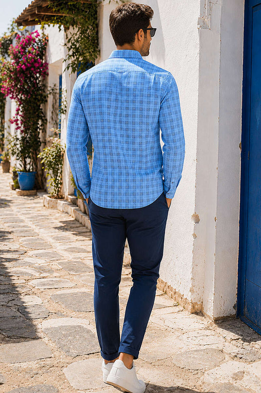 Ekoseli Slim Fit Erkek Gömlek Mavi