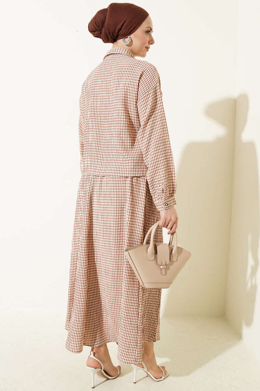 Checked Collar Tie-Waist Skirt Set Beige