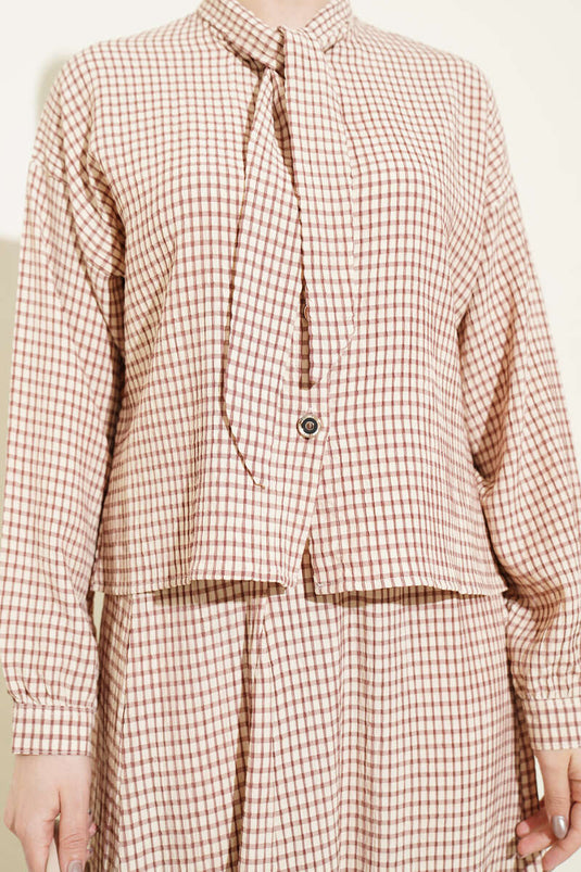 Checked Collar Tie-Waist Skirt Set Beige
