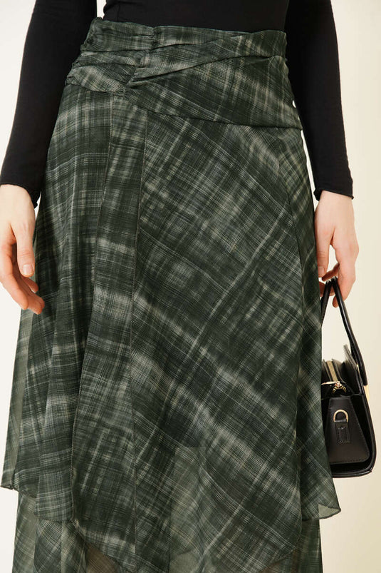 Ekoseli Slit Chiffon Midi Skirt Khaki