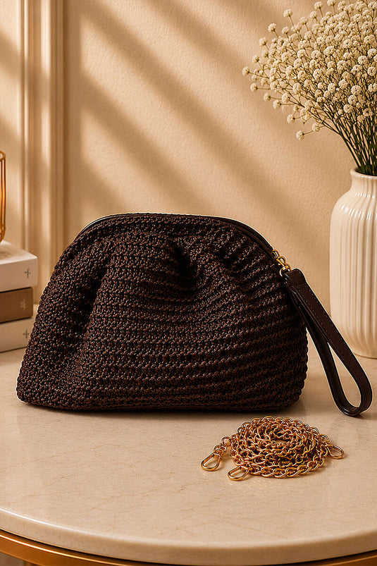 Borsa Bohem in Paglia con Manici Sottile Colore Caffè Scuro