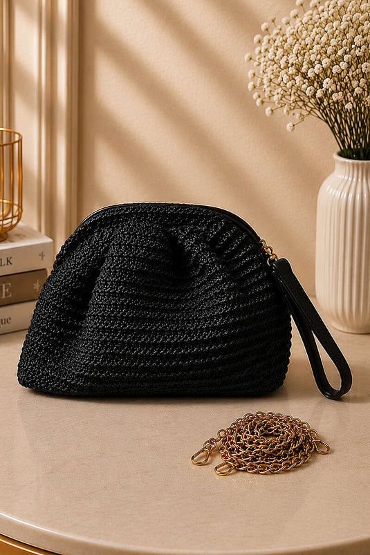 Schwarze Boho-Stroh-Trägertasche