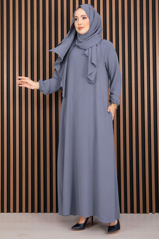 فستان ووشاح متناسق طقم محتشم رمادي