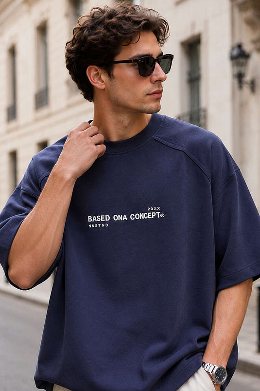 Enjeksiyon Baskılı Salaş Erkek T-shirt Lacivert