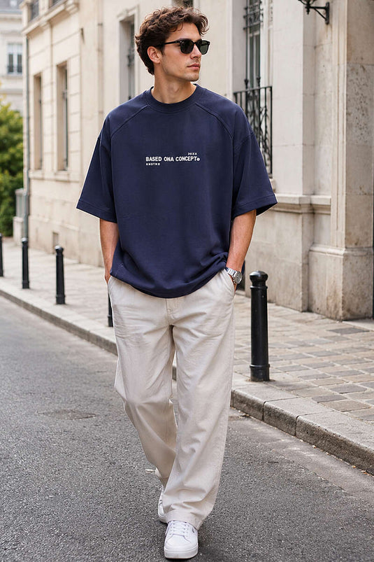 Enjeksiyon Baskılı Salaş Erkek T-shirt Lacivert