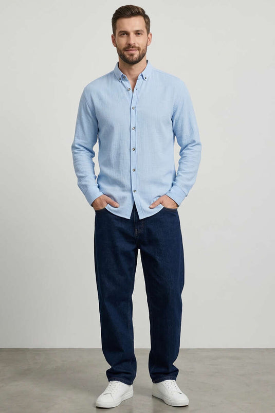 Chemise homme en tissu étamine bleu